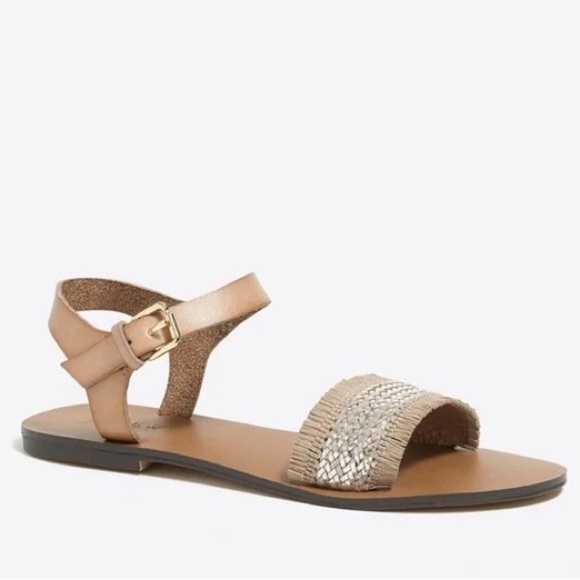 J Crew Factory Raffia Silver and Tan Woven Straw Fringe Sandals | Size 9 - Picture 1 of 13